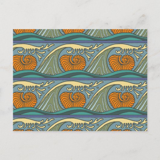 Blue Ocean Waves Nautilus Seashell Patroon Nouveau Briefkaart (Voorkant)