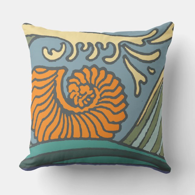 Blue Ocean Waves Nautilus Seashell Patroon Nouveau Buitenkussen (Voorkant)