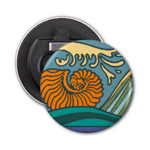 Blue Ocean Waves Nautilus Seashell Patroon Nouveau Button Flesopener