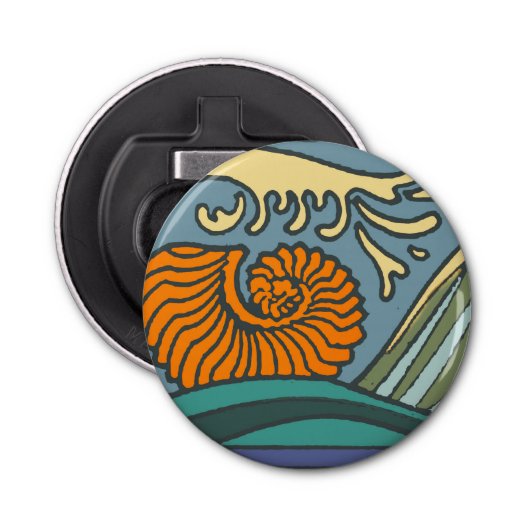 Blue Ocean Waves Nautilus Seashell Patroon Nouveau Button Flesopener (Voorkant)