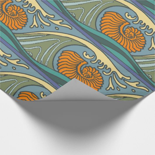 Blue Ocean Waves Nautilus Seashell Patroon Nouveau Cadeaupapier (Hoek)