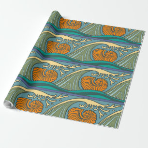 Blue Ocean Waves Nautilus Seashell Patroon Nouveau Cadeaupapier