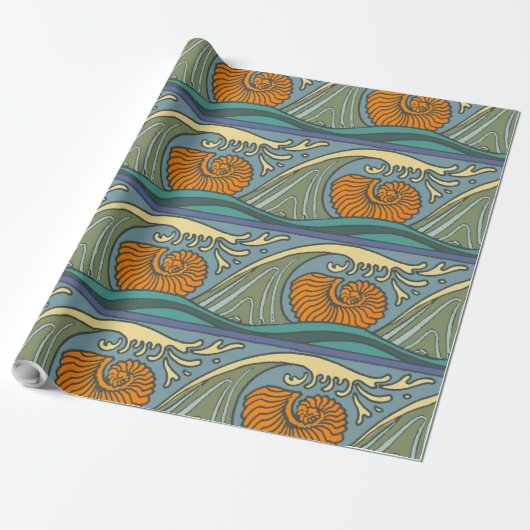 Blue Ocean Waves Nautilus Seashell Patroon Nouveau Cadeaupapier (Uitgerold)