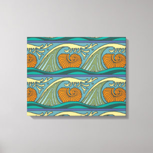 Blue Ocean Waves Nautilus Seashell Patroon Nouveau Canvas Afdruk