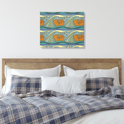 Blue Ocean Waves Nautilus Seashell Patroon Nouveau Canvas Afdruk (Insitu (Slaapkamer))