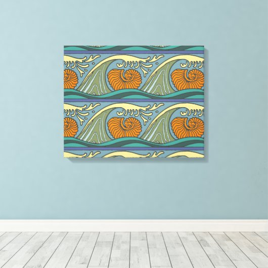 Blue Ocean Waves Nautilus Seashell Patroon Nouveau Canvas Afdruk (Insitu (Houten vloer))