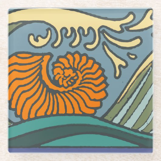Blue Ocean Waves Nautilus Seashell Patroon Nouveau Glazen Onderzetter (Voorkant)