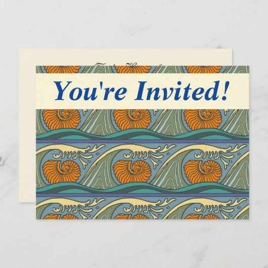 Blue Ocean Waves Nautilus Seashell Patroon Nouveau Kaart (Voorkant / Achterkant)