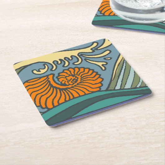 Blue Ocean Waves Nautilus Seashell Patroon Nouveau Kartonnen Onderzetters (Schuin)