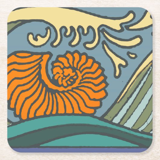 Blue Ocean Waves Nautilus Seashell Patroon Nouveau Kartonnen Onderzetters (Voorkant)