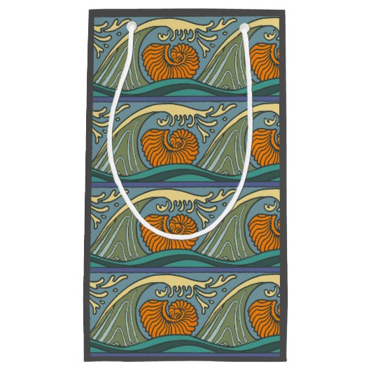 Blue Ocean Waves Nautilus Seashell Patroon Nouveau Klein Cadeauzakje (Voorkant)