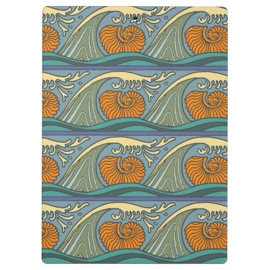 Blue Ocean Waves Nautilus Seashell Patroon Nouveau Klembord (Achterkant)