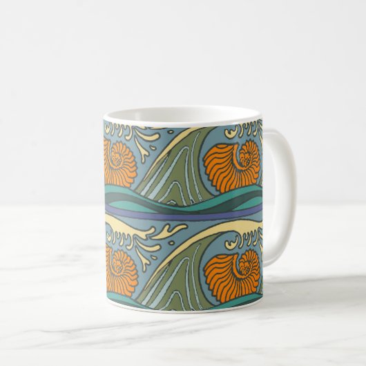 Blue Ocean Waves Nautilus Seashell Patroon Nouveau Koffiemok (Voorkant rechts)