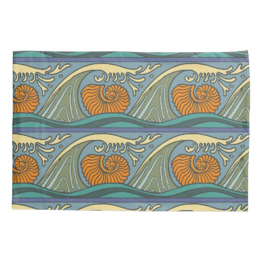Blue Ocean Waves Nautilus Seashell Patroon Nouveau Kussensloop (Achterkant)