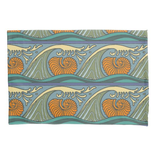 Blue Ocean Waves Nautilus Seashell Patroon Nouveau Kussensloop (Voorkant)