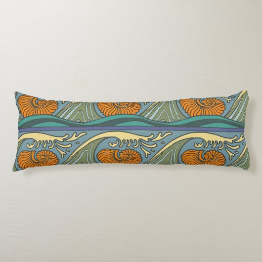 Blue Ocean Waves Nautilus Seashell Patroon Nouveau Lichaamskussen (Voorkant)