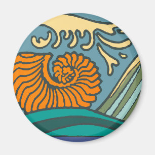 Blue Ocean Waves Nautilus Seashell Patroon Nouveau Magneet