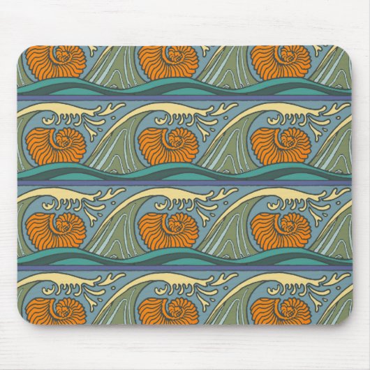 Blue Ocean Waves Nautilus Seashell Patroon Nouveau Muismat (Voorkant)