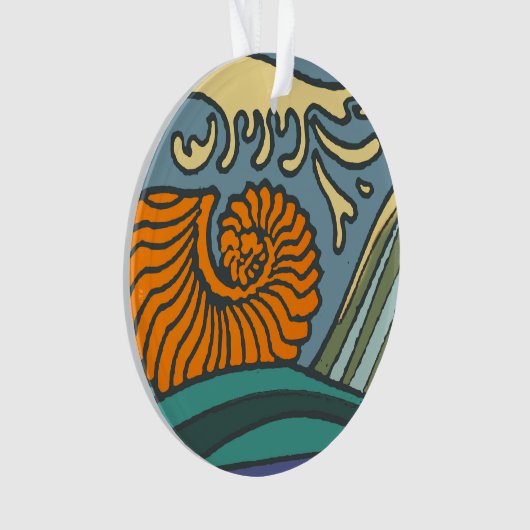 Blue Ocean Waves Nautilus Seashell Patroon Nouveau Ornament (voorkant)
