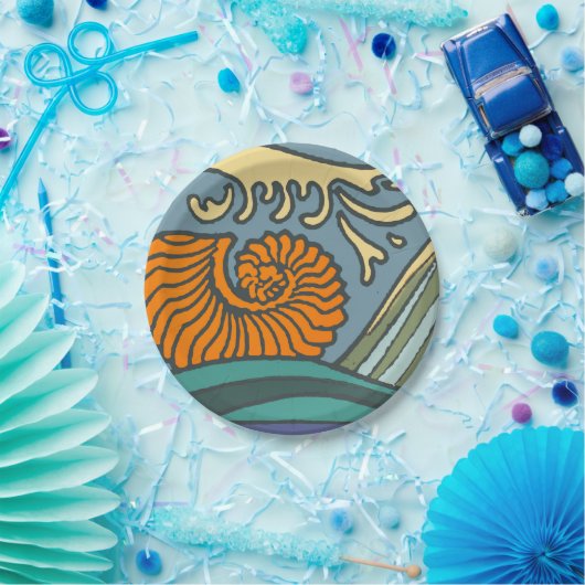 Blue Ocean Waves Nautilus Seashell Patroon Nouveau Papieren Bordje (Feest)