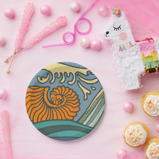 Blue Ocean Waves Nautilus Seashell Patroon Nouveau Papieren Bordje (Feest)