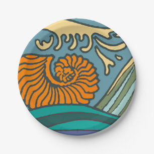 Blue Ocean Waves Nautilus Seashell Patroon Nouveau Papieren Bordje