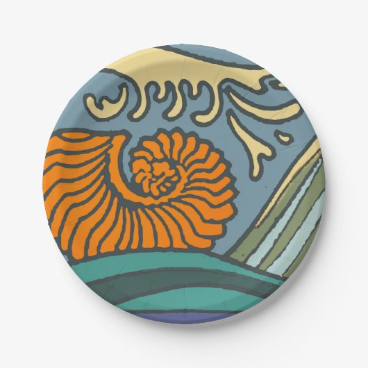 Blue Ocean Waves Nautilus Seashell Patroon Nouveau Papieren Bordje (Voorkant)