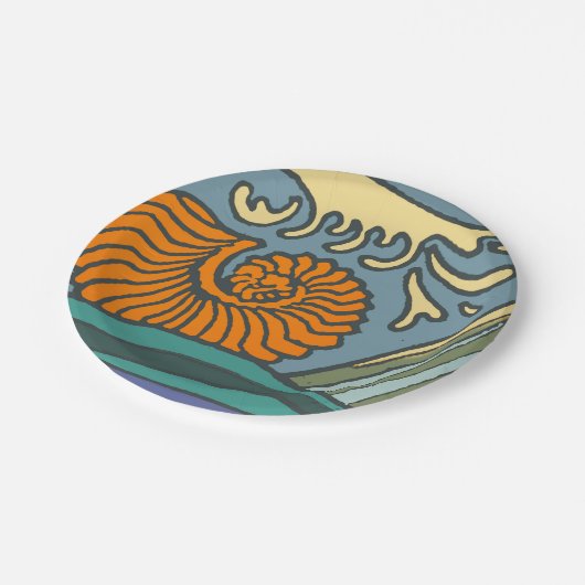 Blue Ocean Waves Nautilus Seashell Patroon Nouveau Papieren Bordje (Gekanteld)