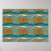 Blue Ocean Waves Nautilus Seashell Patroon Nouveau Poster (Voorkant)