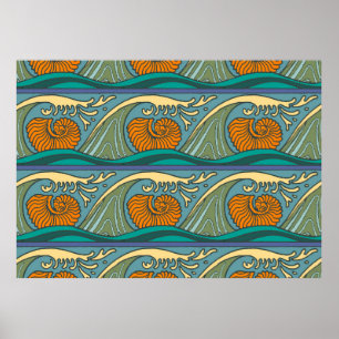 Blue Ocean Waves Nautilus Seashell Patroon Nouveau Poster