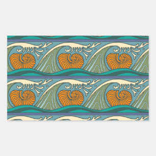 Blue Ocean Waves Nautilus Seashell Patroon Nouveau Rechthoekige Sticker