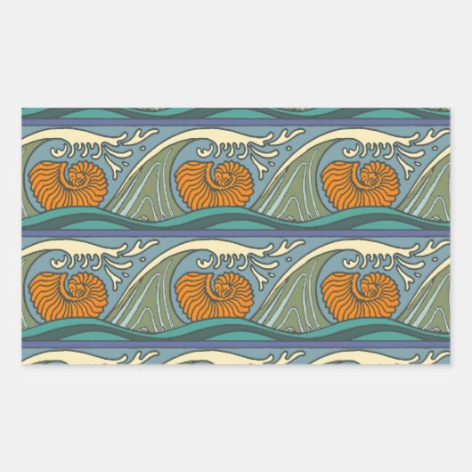 Blue Ocean Waves Nautilus Seashell Patroon Nouveau Rechthoekige Sticker (Voorkant)