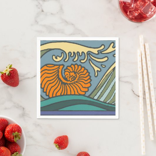 Blue Ocean Waves Nautilus Seashell Patroon Nouveau Servet (Insitu)