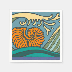 Blue Ocean Waves Nautilus Seashell Patroon Nouveau Servet