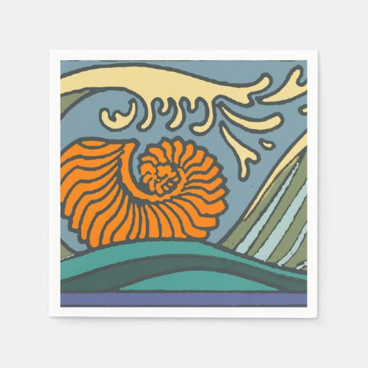 Blue Ocean Waves Nautilus Seashell Patroon Nouveau Servet (Voorkant)