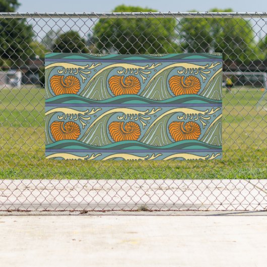 Blue Ocean Waves Nautilus Seashell Patroon Nouveau Spandoek (Insitu)