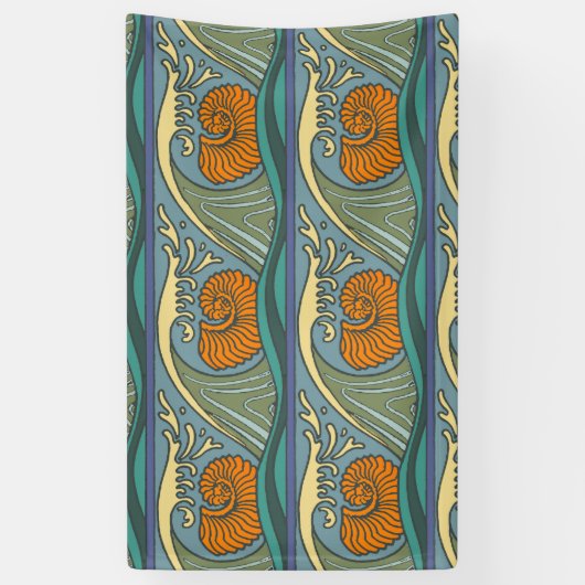 Blue Ocean Waves Nautilus Seashell Patroon Nouveau Spandoek (Verticaal)