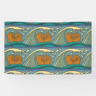 Blue Ocean Waves Nautilus Seashell Patroon Nouveau Spandoek