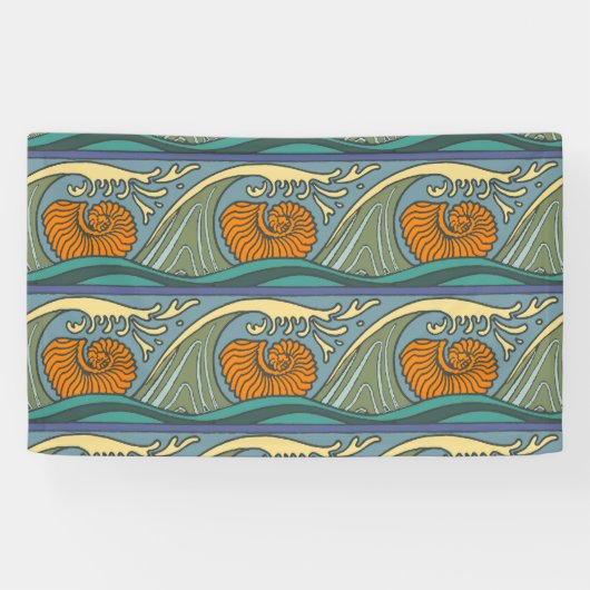 Blue Ocean Waves Nautilus Seashell Patroon Nouveau Spandoek (Horizontaal)
