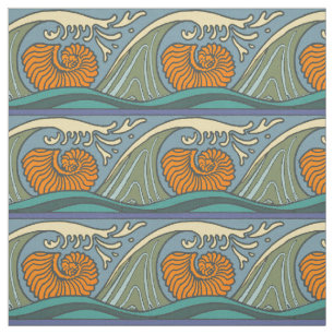 Blue Ocean Waves Nautilus Seashell Patroon Nouveau Stof