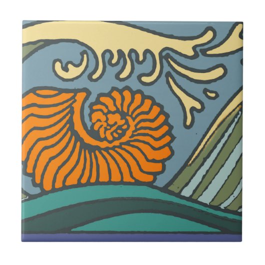 Blue Ocean Waves Nautilus Seashell Patroon Nouveau Tegeltje (Voorkant)