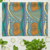 Blue Ocean Waves Nautilus Seashell Patroon Nouveau Theedoek (Gevouwen)