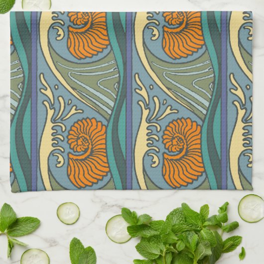 Blue Ocean Waves Nautilus Seashell Patroon Nouveau Theedoek (Gevouwen)