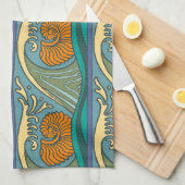 Blue Ocean Waves Nautilus Seashell Patroon Nouveau Theedoek (Quarter Fold)