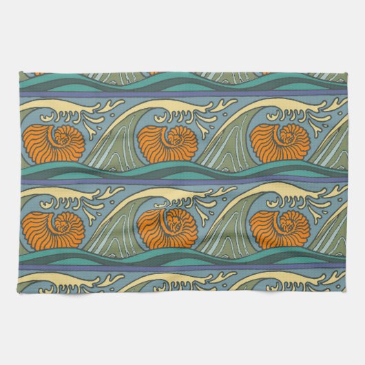 Blue Ocean Waves Nautilus Seashell Patroon Nouveau Theedoek (Horizontaal)