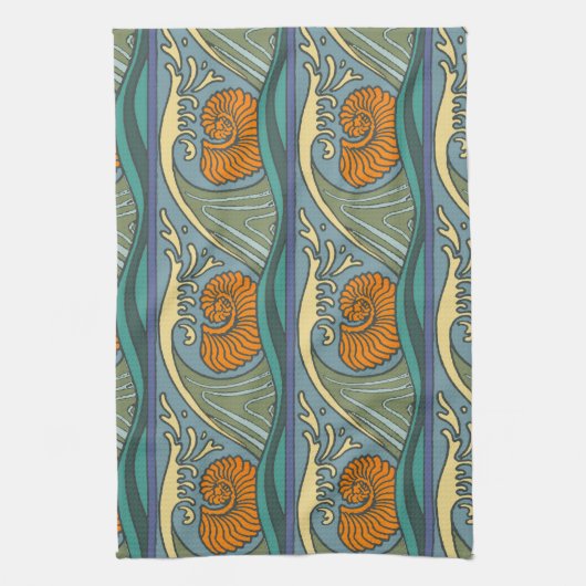 Blue Ocean Waves Nautilus Seashell Patroon Nouveau Theedoek (Verticaal)