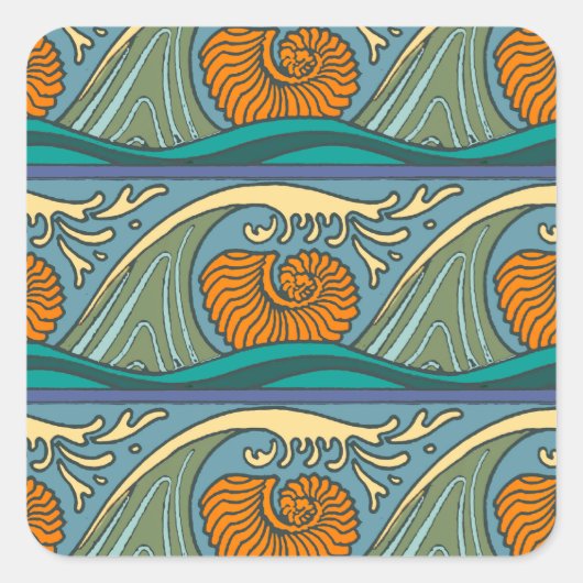 Blue Ocean Waves Nautilus Seashell Patroon Nouveau Vierkante Sticker (Voorkant)