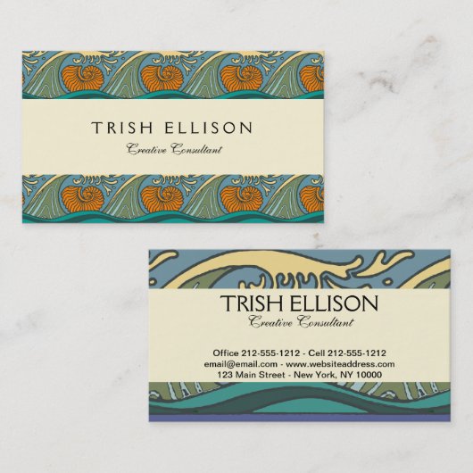 Blue Ocean Waves Nautilus Seashell Patroon Nouveau Visitekaartje (Voorkant / Achterkant)
