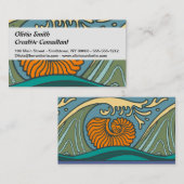 Blue Ocean Waves Nautilus Seashell Patroon Nouveau Visitekaartje (Voorkant / Achterkant)