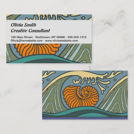 Blue Ocean Waves Nautilus Seashell Patroon Nouveau Visitekaartje (Voorkant / Achterkant)